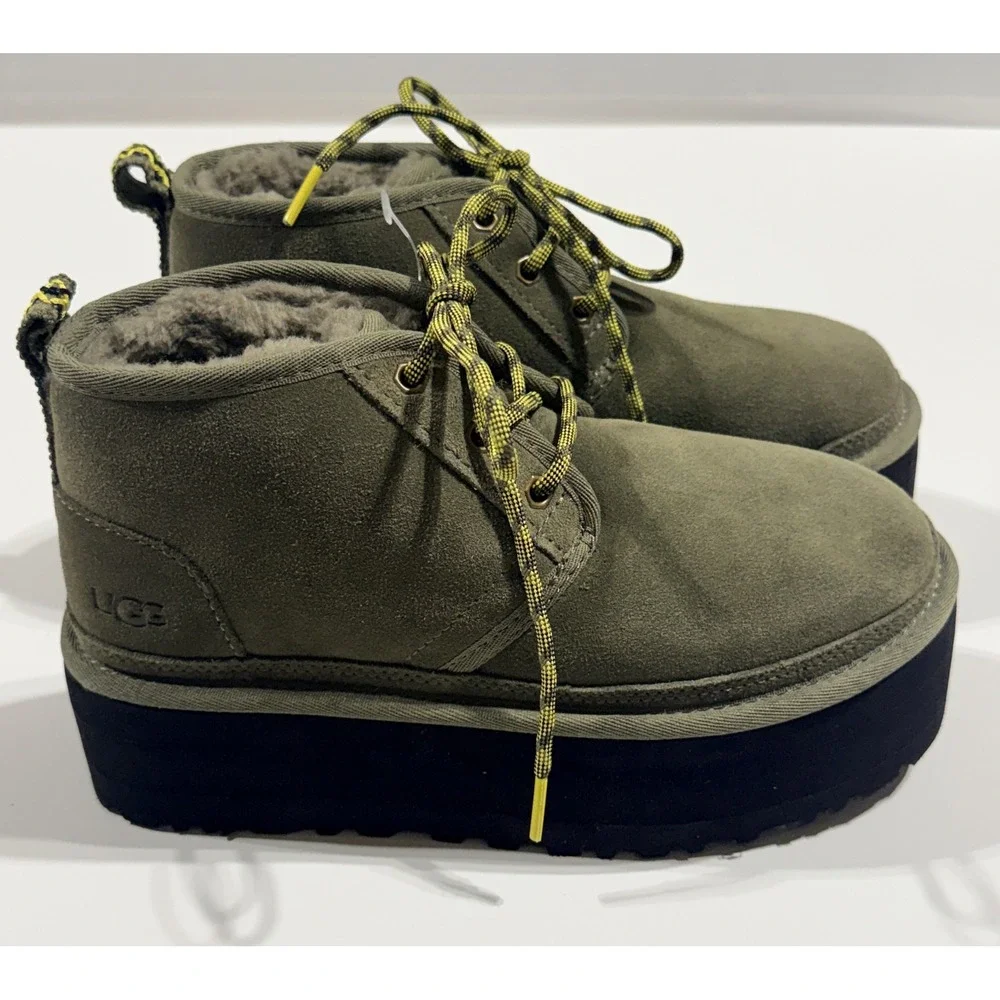UGG Neumel Platform - Women's Green Suede Lace Up Boots 1130604 - Size 7 NEW NWT